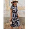imageMakeMeChic Womens Allover Print Notched Dress Short Sleeve Belted Elegant Summer Midi Tunic DressBlue and White