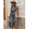 imageMakeMeChic Womens Allover Print Notched Dress Short Sleeve Belted Elegant Summer Midi Tunic DressBlue and White