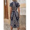 imageMakeMeChic Womens Allover Print Notched Dress Short Sleeve Belted Elegant Summer Midi Tunic DressBlue and White
