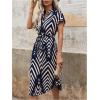 imageMakeMeChic Womens Allover Print Notched Dress Short Sleeve Belted Elegant Summer Midi Tunic DressBlue and White