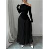 imageMakeMeChic Womens Elegant One Shoulder Ruched Maxi Dress Pleated Ruffle Hem Fit and Flare DressesBlack