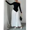 imageMakeMeChic Womens Elegant One Shoulder Ruched Maxi Dress Pleated Ruffle Hem Fit and Flare DressesBlack and White
