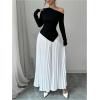 imageMakeMeChic Womens Elegant One Shoulder Ruched Maxi Dress Pleated Ruffle Hem Fit and Flare DressesBlack and White