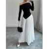 imageMakeMeChic Womens Elegant One Shoulder Ruched Maxi Dress Pleated Ruffle Hem Fit and Flare DressesBlack and White