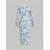 imageMakeMeChic Womens Floral Print Sweetheart Neck Pencil Dress Long Sleeve Bodycon Midi DressesBlue and White