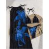 imageMakeMeChic Womens Halter Triangle Bikini Sets Floral 3 Piece Swimsuit Bathing Suit Cover Up Long SkirtBlue Black