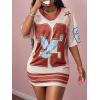 imageMakeMeChic Womens Jersey Dress Number Half Sleeve V Neck Oversized Y2K T Shirt DressesCoffee Brown