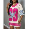 imageMakeMeChic Womens Jersey Dress Number Half Sleeve V Neck Oversized Y2K T Shirt DressesPink White