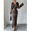 imageMakeMeChic Womens Leopard Print Dress V Neck Dolman Sleeve Ruched Bodycon Cocktail Maxi DressesBrown