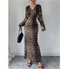 imageMakeMeChic Womens Leopard Print Dress V Neck Dolman Sleeve Ruched Bodycon Cocktail Maxi DressesBrown