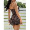 imageMakeMeChic Womens Leopard Print Lace V Neck Cami Dress Spaghetti Strap Tie Front Club Mini Dresses Rave OutfitsMulticolor