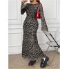 imageMakeMeChic Womens Leopard Print Mesh Backless Long Sleeve Maxi Dresses Party Dress BodyconBrown