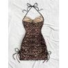 imageMakeMeChic Womens Leopard Print Ruched Halter Tie Back Lettuce Trim Bodycon Mini DressMulticolor