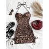 imageMakeMeChic Womens Leopard Print Ruched Halter Tie Back Lettuce Trim Bodycon Mini DressMulticolor