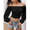 imageMakeMeChic Womens Off Shoulder Long Sleeve Ruched Crop Tops Going Out Boho Shirt BlouseBlack