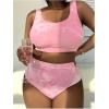 imageMakeMeChic Womens Plus Size 2 Piece Bikini Sets Textured Tie Dye High Waist Summer Swimsuit Bathing SuitPink