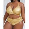 imageMakeMeChic Womens Plus Size 2 Piece Shiny Metallic Bikini Set Halter Triangle Swimsuit Bathing SuitGold