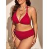imageMakeMeChic Womens Plus Size 3 Piece Bikini Sets Tie Backless Halter Triangle Swimsuit Bathing Suit Cover Up Beach SkirtsRed