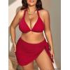 imageMakeMeChic Womens Plus Size 3 Piece Bikini Sets Tie Backless Halter Triangle Swimsuit Bathing Suit Cover Up Beach SkirtsRed