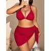 imageMakeMeChic Womens Plus Size 3 Piece Bikini Sets Tie Backless Halter Triangle Swimsuit Bathing Suit Cover Up Beach SkirtsRed