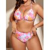 imageMakeMeChic Womens Plus Size 4 Piece Swimsuit Floral Halter Triangle Thong Bikini with Cover Up SetPink