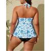 imageMakeMeChic Womens Plus Size Floral Tankini Sets 2 Piece High Waist Halter Boho Tankini SwimsuitsBlue and White
