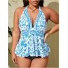 imageMakeMeChic Womens Plus Size Floral Tankini Sets 2 Piece High Waist Halter Boho Tankini SwimsuitsBlue and White
