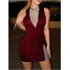 imageMakeMeChic Womens Rhinestone Sparkly Fishnet Tank Dress Mock Neck Sleeveless Bodycon Party DressesBurgundy