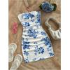 imageMakeMeChic Womens Summer Floral Tube Top Mini Dresses Blue and White Ruched Strapless SundressBlue and White
