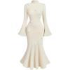 imageMakeMeChic Womens 3D Floral Bell Sleeve Mock Neck Midi Dress Ruffle Hem Bodycon Wedding Guest DressesApricot