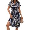 imageMakeMeChic Womens Allover Print Notched Dress Short Sleeve Belted Elegant Summer Midi Tunic DressBlue and White