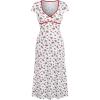 imageMakeMeChic Womens Cherry Print Midi Dress Cap Sleeve V Neck Contrast Binding DressesWhite and Red