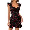 imageMakeMeChic Womens Cherry Print Ruffle Sleeve Dress Ruched Frill Trim Tie Front Bodycon Mini DressesBlack