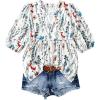 imageMakeMeChic Womens Floral Notched Blouse Puff Sleeve Ruffle Hem Summer Shirt TopsWhite