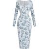 imageMakeMeChic Womens Floral Print Sweetheart Neck Pencil Dress Long Sleeve Bodycon Midi DressesBlue and White