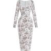 imageMakeMeChic Womens Floral Print Sweetheart Neck Pencil Dress Long Sleeve Bodycon Midi DressesCoffee Brown