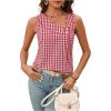 imageMakeMeChic Womens Gingham Plaid Print Asymmetrical V Neck Button Sleeveless Tank Tops ShirtsRed and White