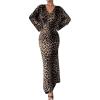 imageMakeMeChic Womens Leopard Print Dress V Neck Dolman Sleeve Ruched Bodycon Cocktail Maxi DressesBrown