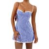 imageMakeMeChic Womens Plaid Gingham Lace Cami Dress Sleeveless Going Out Mini Dresses SundressBlue