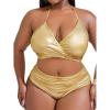 imageMakeMeChic Womens Plus Size 2 Piece Shiny Metallic Bikini Set Halter Triangle Swimsuit Bathing SuitGold