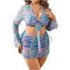 imageMakeMeChic Womens Plus Size 4 Piece Swimsuit Floral Halter Triangle Thong Bikini with Cover Up SetMulticolor