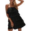 imageMakeMeChic Womens Summer Beach Spaghetti Strap Sundress Flowy Layer Ruffle Hem Cami Short DressesBlack