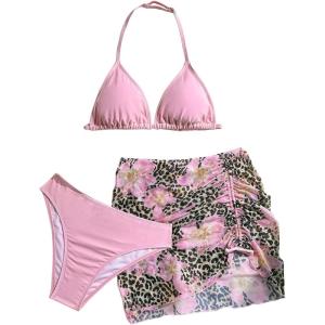 imageMakeMeChic Girls 3 Piece Bikini Set Halter Triangle Bathing Suit Leopard Floral Cover Up SkirtPink