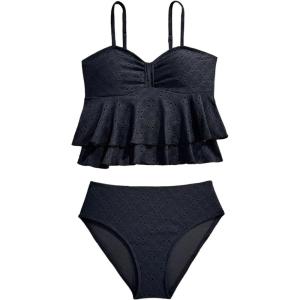 imageMakeMeChic Girls Tankini Swimsuits SetsRuffle Tiered Spaghetti Strap Eyelet Embroidery Bathing SuitBlack