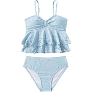 imageMakeMeChic Girls Tankini Swimsuits SetsRuffle Tiered Spaghetti Strap Eyelet Embroidery Bathing SuitBlue