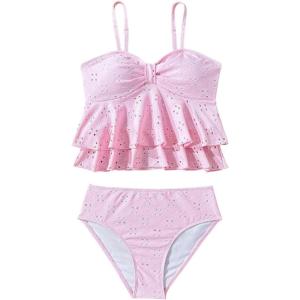 imageMakeMeChic Girls Tankini Swimsuits SetsRuffle Tiered Spaghetti Strap Eyelet Embroidery Bathing SuitPink