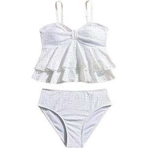 imageMakeMeChic Girls Tankini Swimsuits SetsRuffle Tiered Spaghetti Strap Eyelet Embroidery Bathing SuitWhite