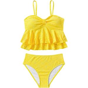 imageMakeMeChic Girls Tankini Swimsuits SetsRuffle Tiered Spaghetti Strap Eyelet Embroidery Bathing SuitYellow
