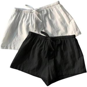 imageMakeMeChic Womens 2 Pack Linen Shorts Summer Beach Pajama Boxer ShortsBlack White