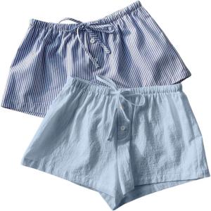 imageMakeMeChic Womens 2 Pack Linen Shorts Summer Beach Pajama Boxer ShortsBlue